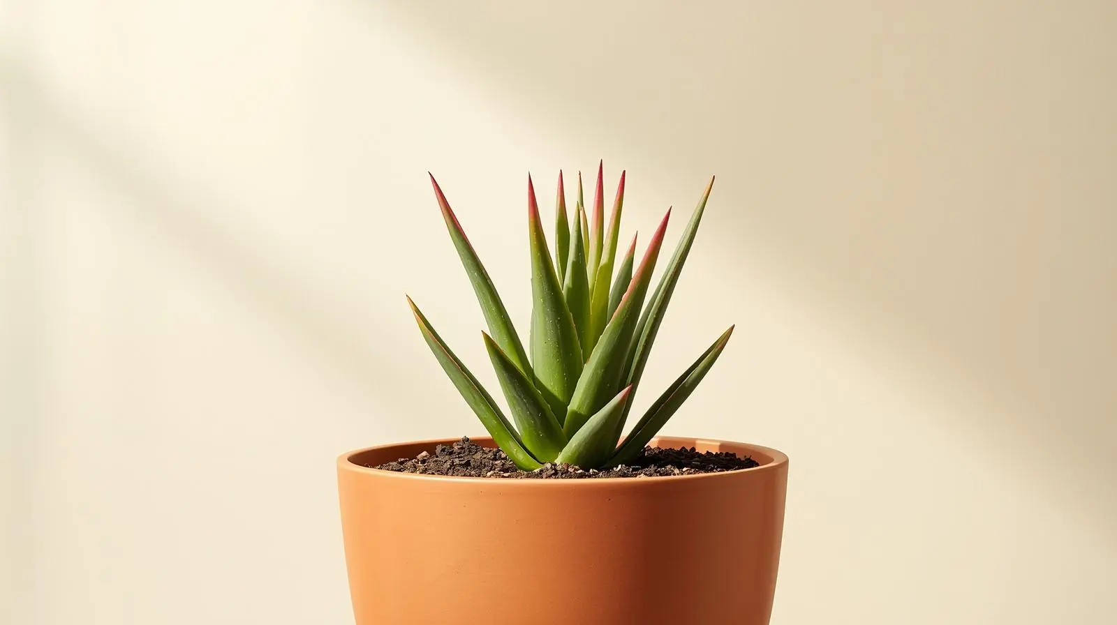 Close-up view of an Aloe Microstigma showing healthy pink and red stress coloration on the firm leaf tips from bright, indirect light.