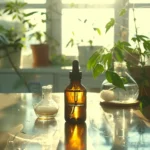 Scientific lab setup for plant care featuring an amber bottle of cold-pressed Neem Oil, a beaker of warm water, and castile soap. Ingredients for creating a safe pest control emulsion for indoor plants.