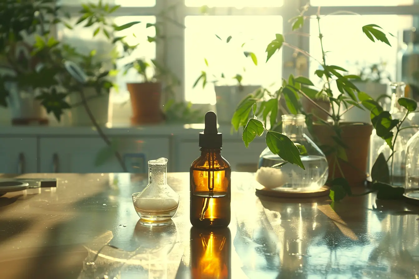Scientific lab setup for plant care featuring an amber bottle of cold-pressed Neem Oil, a beaker of warm water, and castile soap. Ingredients for creating a safe pest control emulsion for indoor plants.