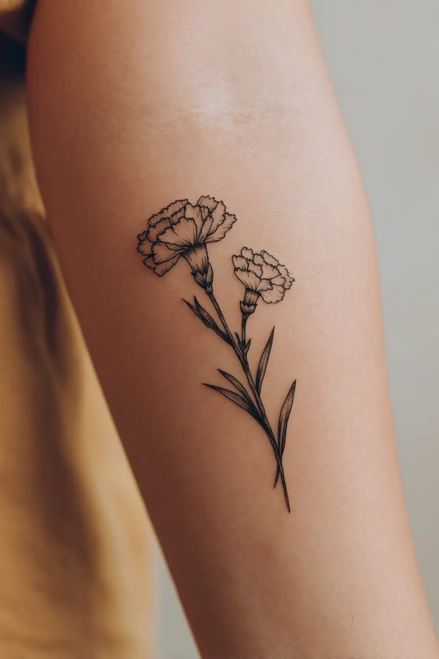 January birth flower tattoo design: minimalist fine-line illustration of carnation and snowdrop flowers intertwined, black ink botanical art on cream background