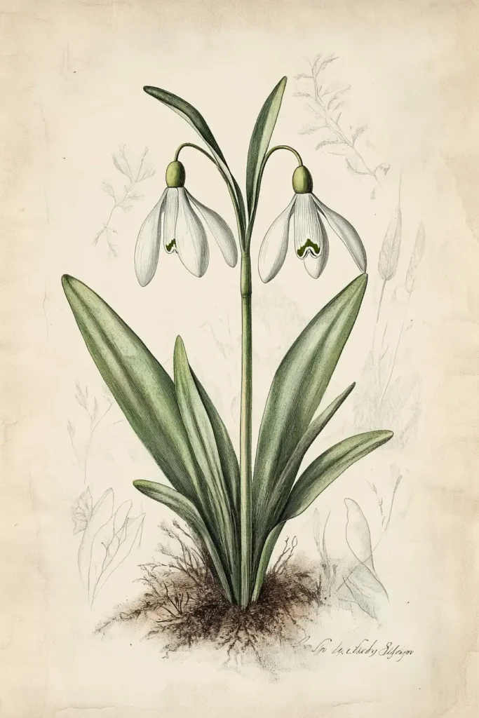 Vintage-style botanical illustration of a Galanthus snowdrop flower with labeled parts in ink and watercolor
