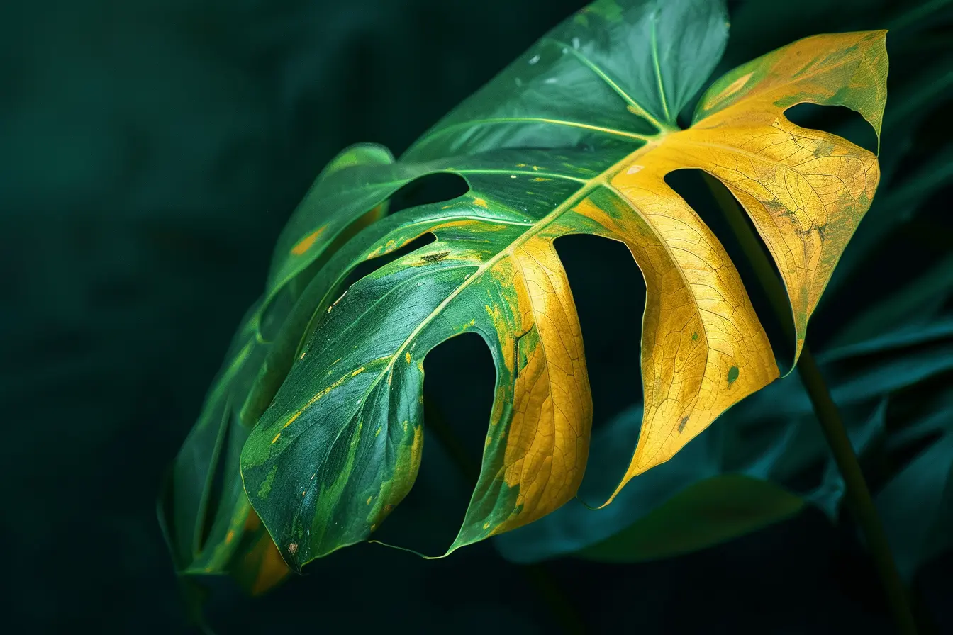 Yellow Monstera leaf showing interveinal chlorosis