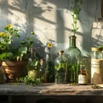 A sunlit zero-waste kitchen lab in an urban apartment, featuring glass jars of zucchini flour, dried herbs, and preservation tools on a rustic wooden workspace.