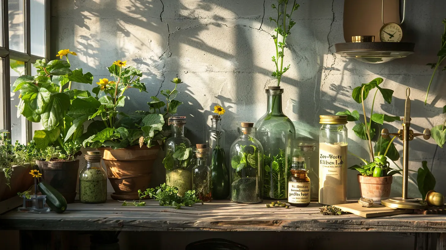 A sunlit zero-waste kitchen lab in an urban apartment, featuring glass jars of zucchini flour, dried herbs, and preservation tools on a rustic wooden workspace.