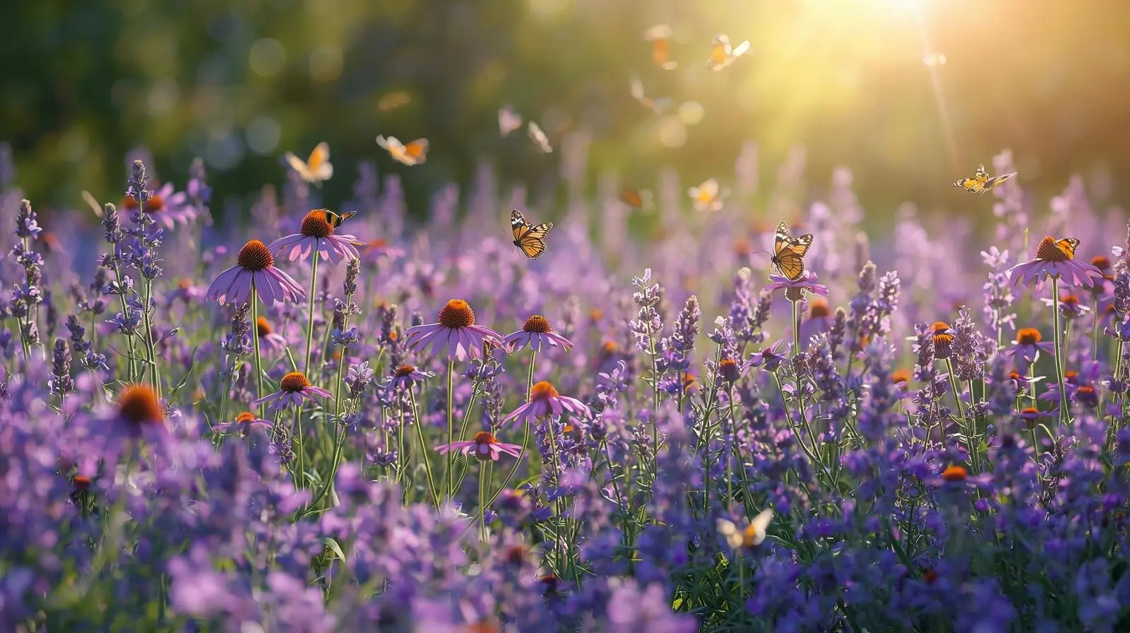 Vibrant purple wildflowers including purple coneflowers and lavender in full bloom with butterflies and bees pollinating in a sunny garden
