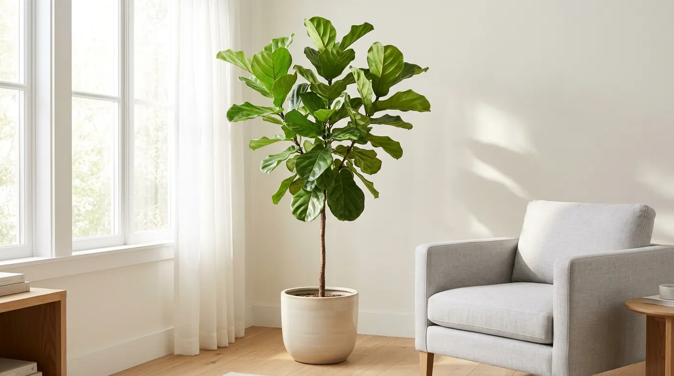 Fiddle leaf fig care: a healthy fiddle leaf fig beside a bright window with a sheer curtain