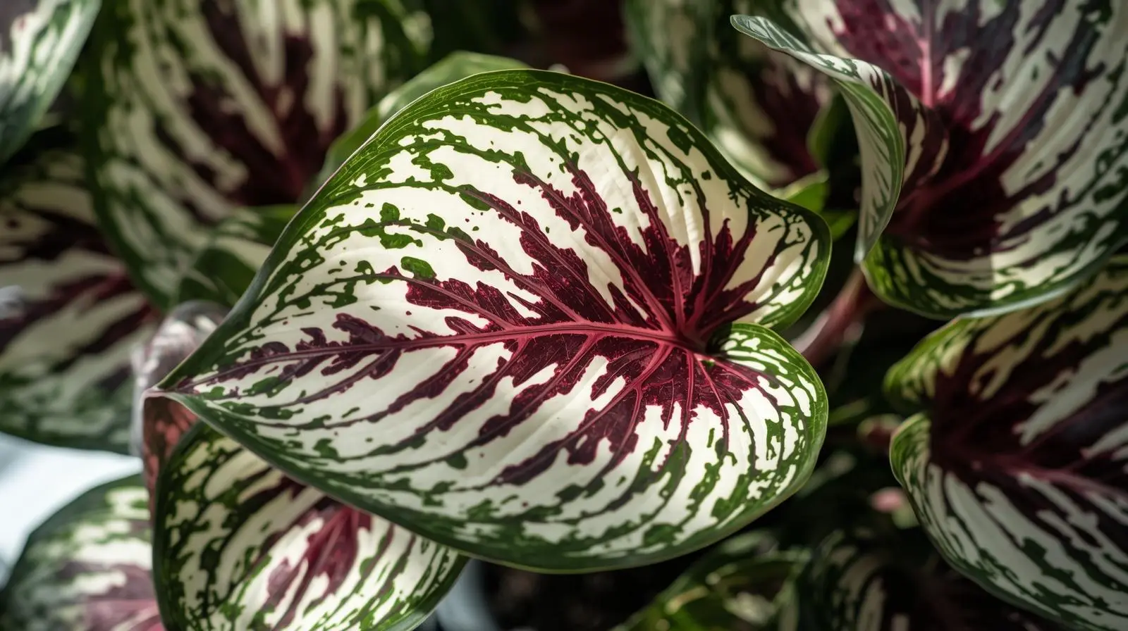 Calathea White Fusion plant with healthy white and green variegated leaves showing proper care without crispy edges