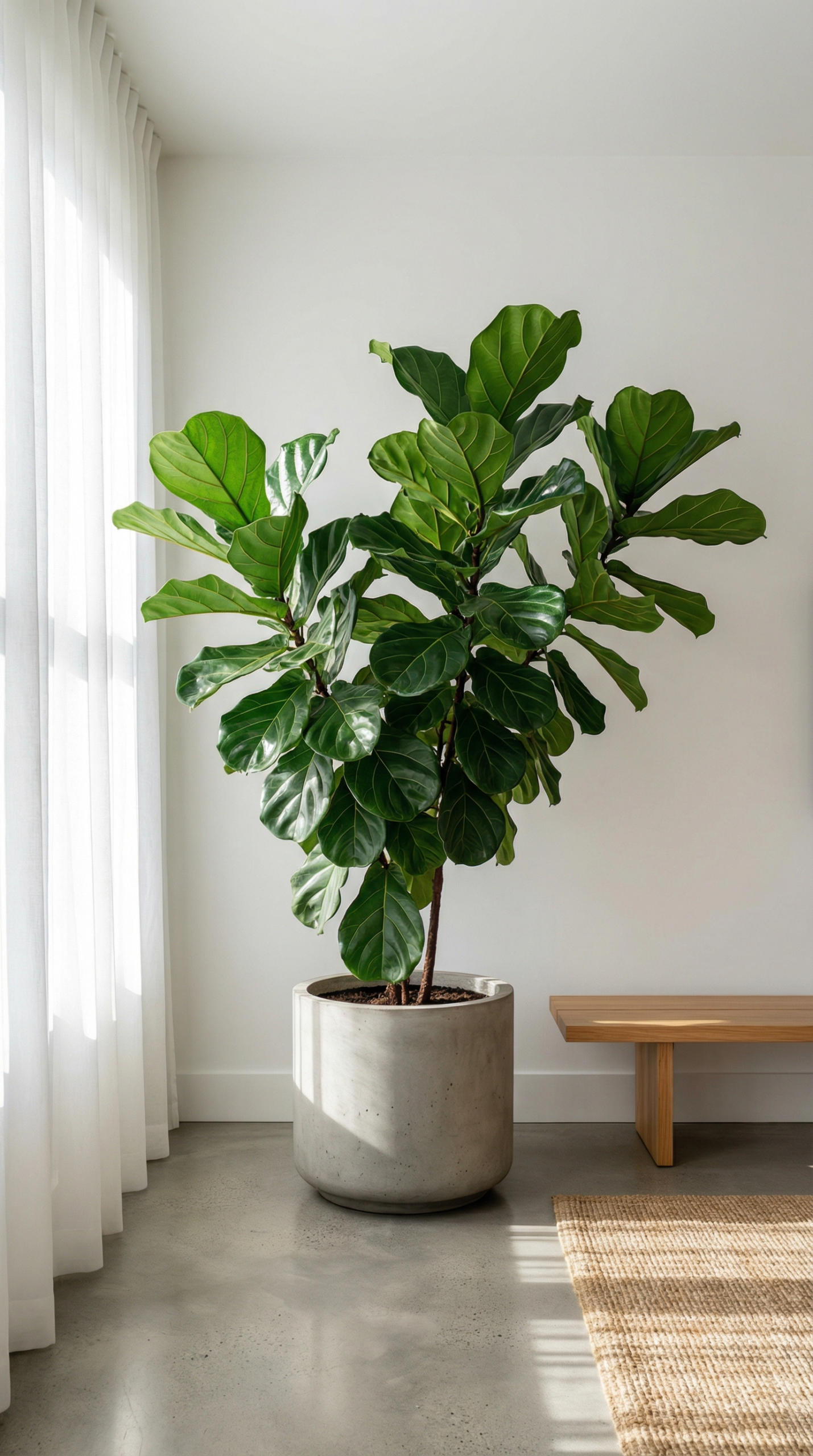 Healthy Fiddle Leaf Fig (Ficus lyrata) with large glossy green leaves in bright indirect light showing proper care without leaf drop or brown spots