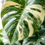 Close-up of Monstera Thai Constellation leaf showing cream and green variegated pattern with detailed fenestrations for complete care guide