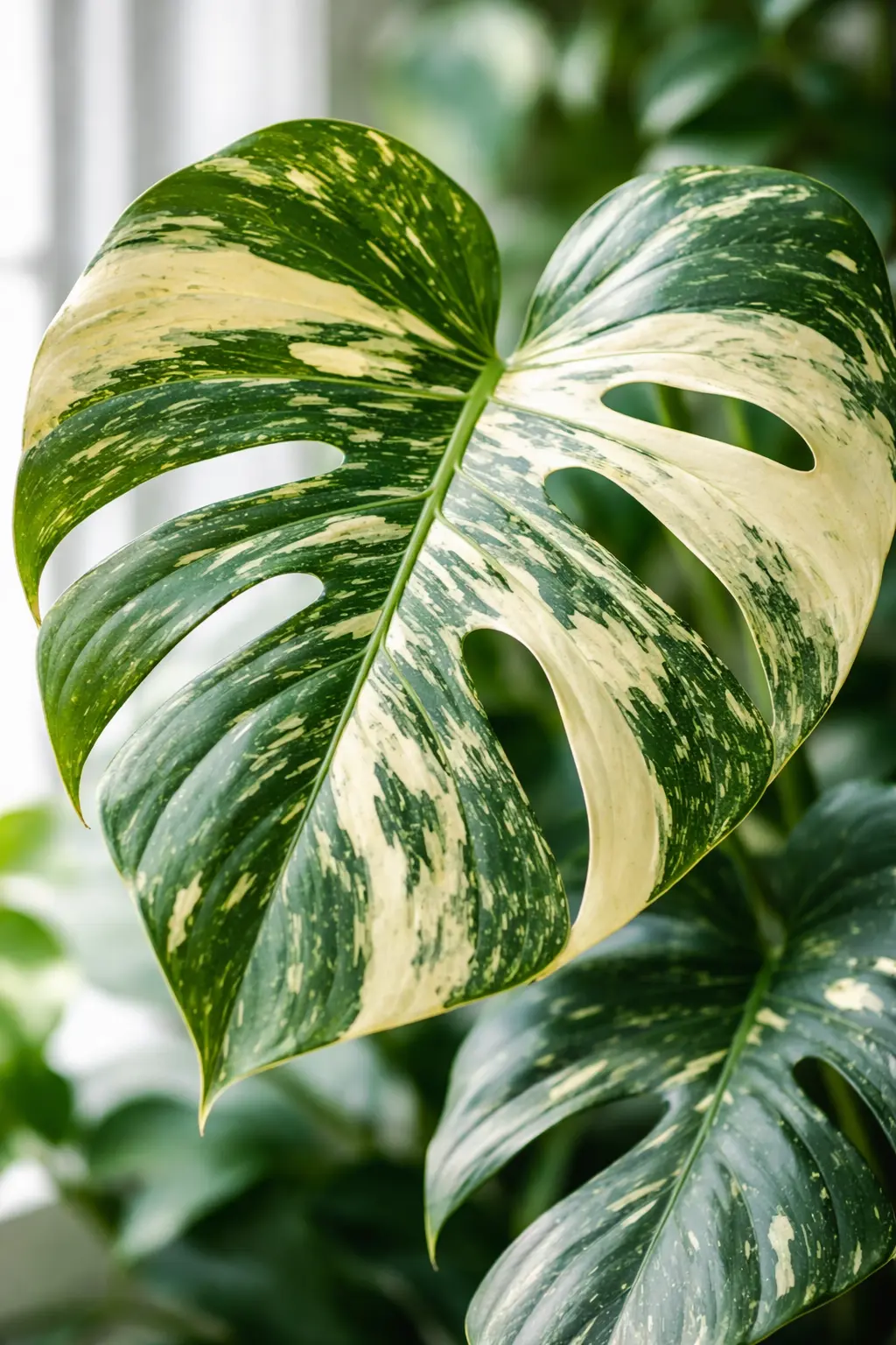Close-up of Monstera Thai Constellation leaf showing cream and green variegated pattern with detailed fenestrations for complete care guide