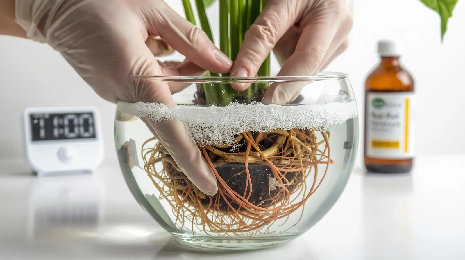Monstera Thai Constellation roots being treated with hydrogen peroxide solution for root rot sterilization showing bubbling oxidation reaction