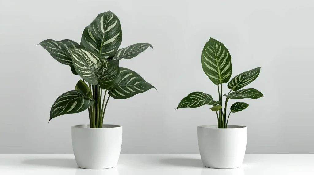 Side-by-side comparison of Alocasia Polly and Bambino showing size difference with Polly displaying larger shield-shaped leaves with scalloped margins and Bambino showing smaller narrow arrow-shaped leaves with smooth edges