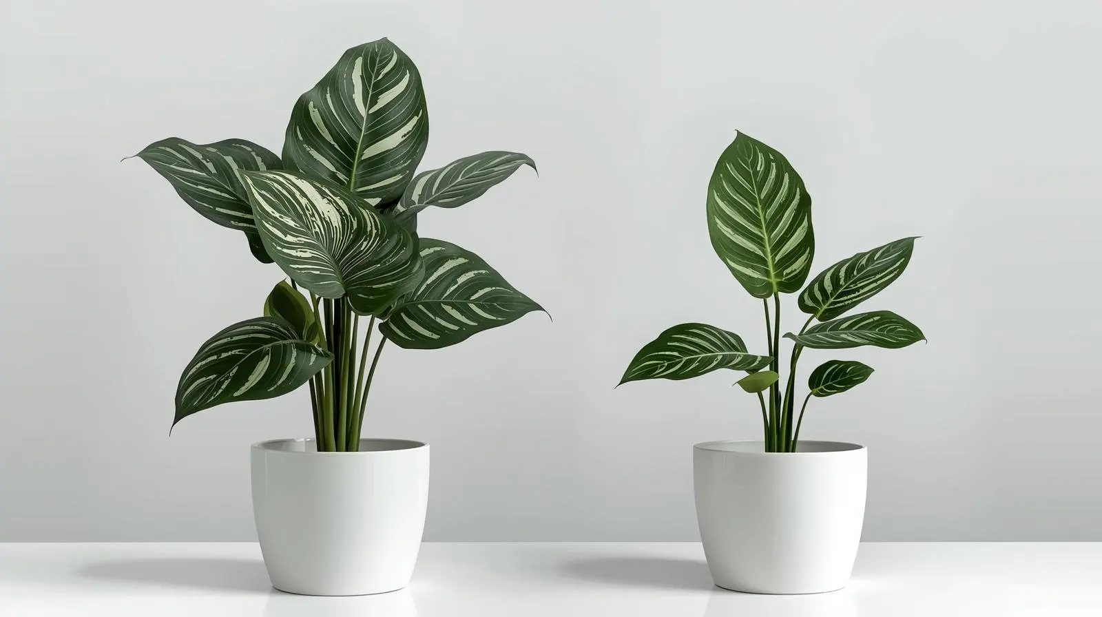 Side-by-side comparison of Alocasia Polly and Bambino showing size difference with Polly displaying larger shield-shaped leaves with scalloped margins and Bambino showing smaller narrow arrow-shaped leaves with smooth edges