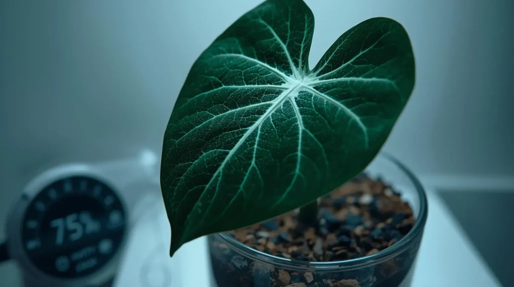 Close-up of a velvet Anthurium clarinervium leaf with prominent white veins in a lab setting, illustrating professional Anthurium clarinervium care and humidity requirements.
