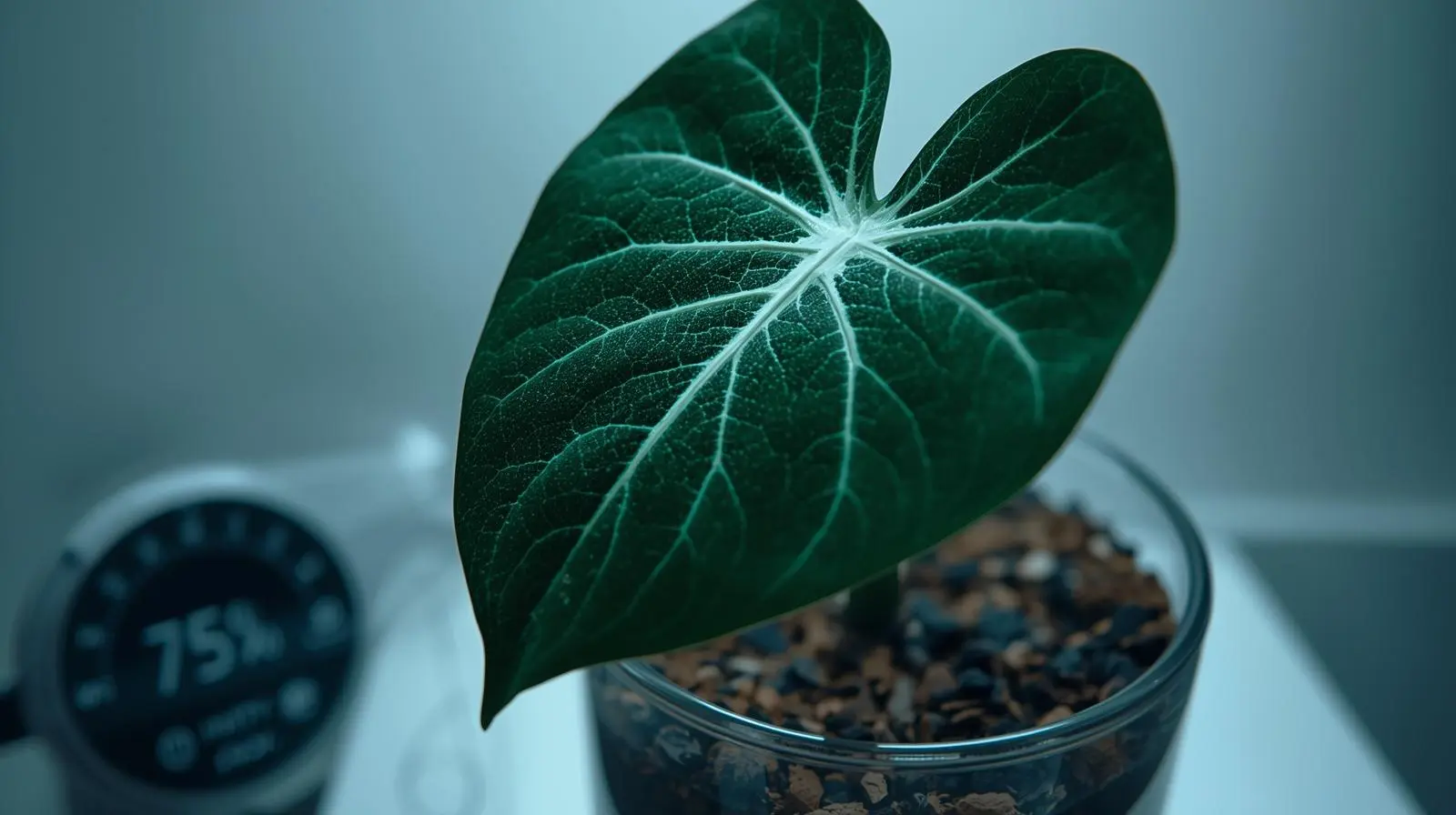 Close-up of a velvet Anthurium clarinervium leaf with prominent white veins in a lab setting, illustrating professional Anthurium clarinervium care and humidity requirements.