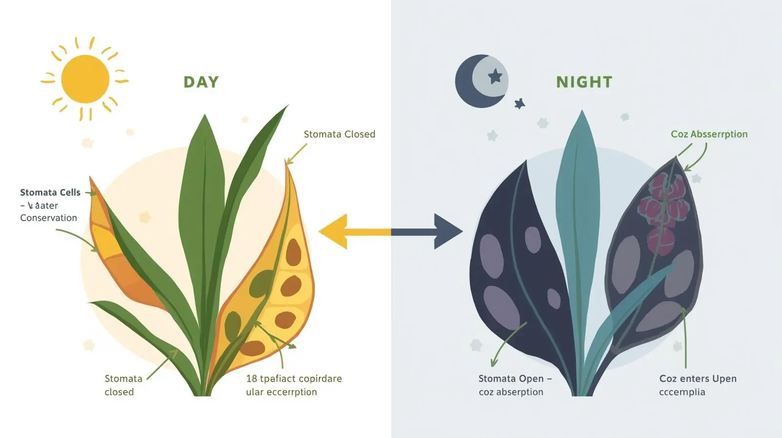 Scientific diagram showing plant stomata closed during day and open at night for CAM photosynthesis in snake plants demonstrating water conservation mechanism