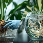 Monstera Thai Constellation with root rot showing surgical removal of infected brown mushy roots and hydrogen peroxide sterilization treatment protocol