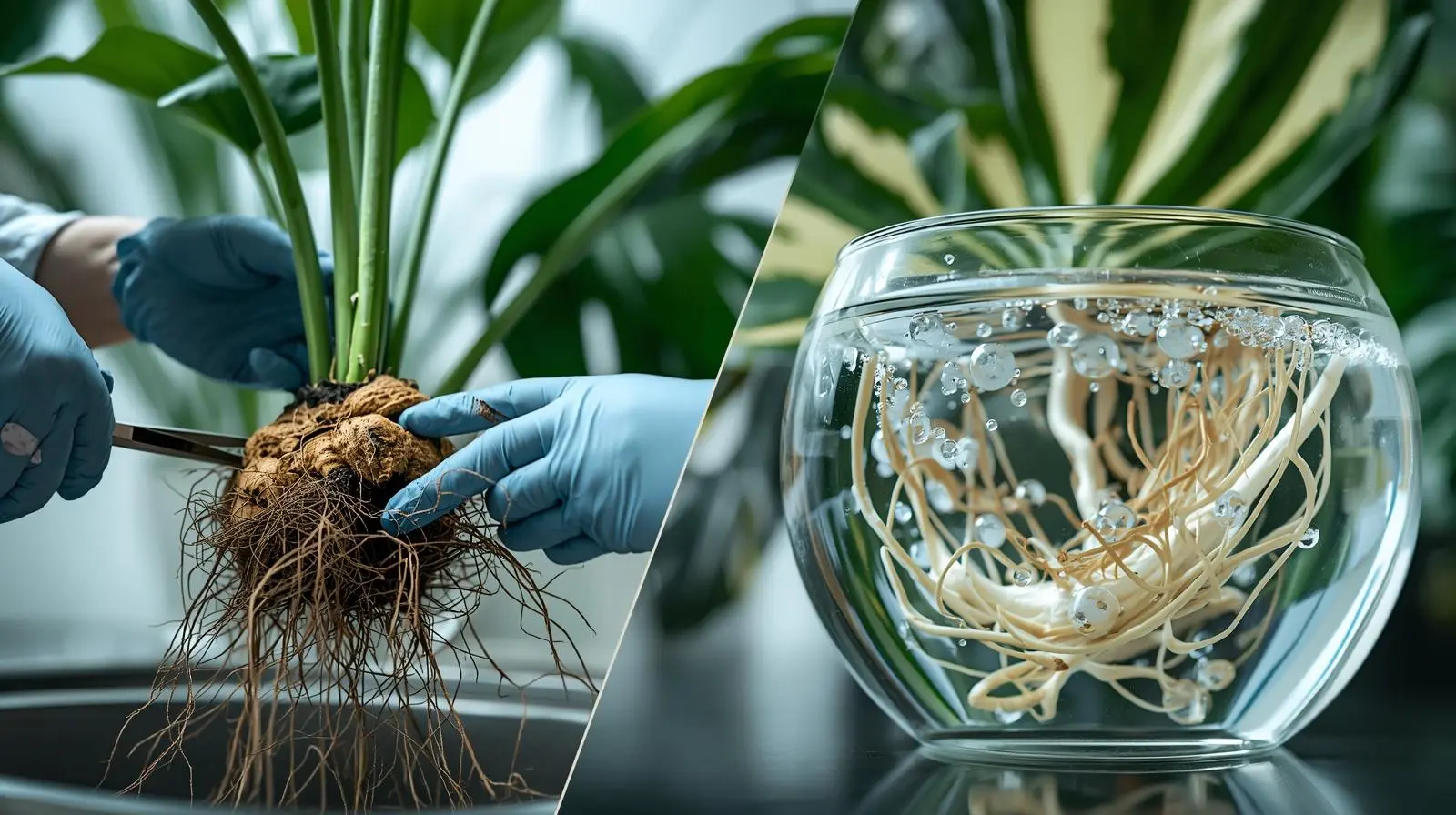 Monstera Thai Constellation with root rot showing surgical removal of infected brown mushy roots and hydrogen peroxide sterilization treatment protocol