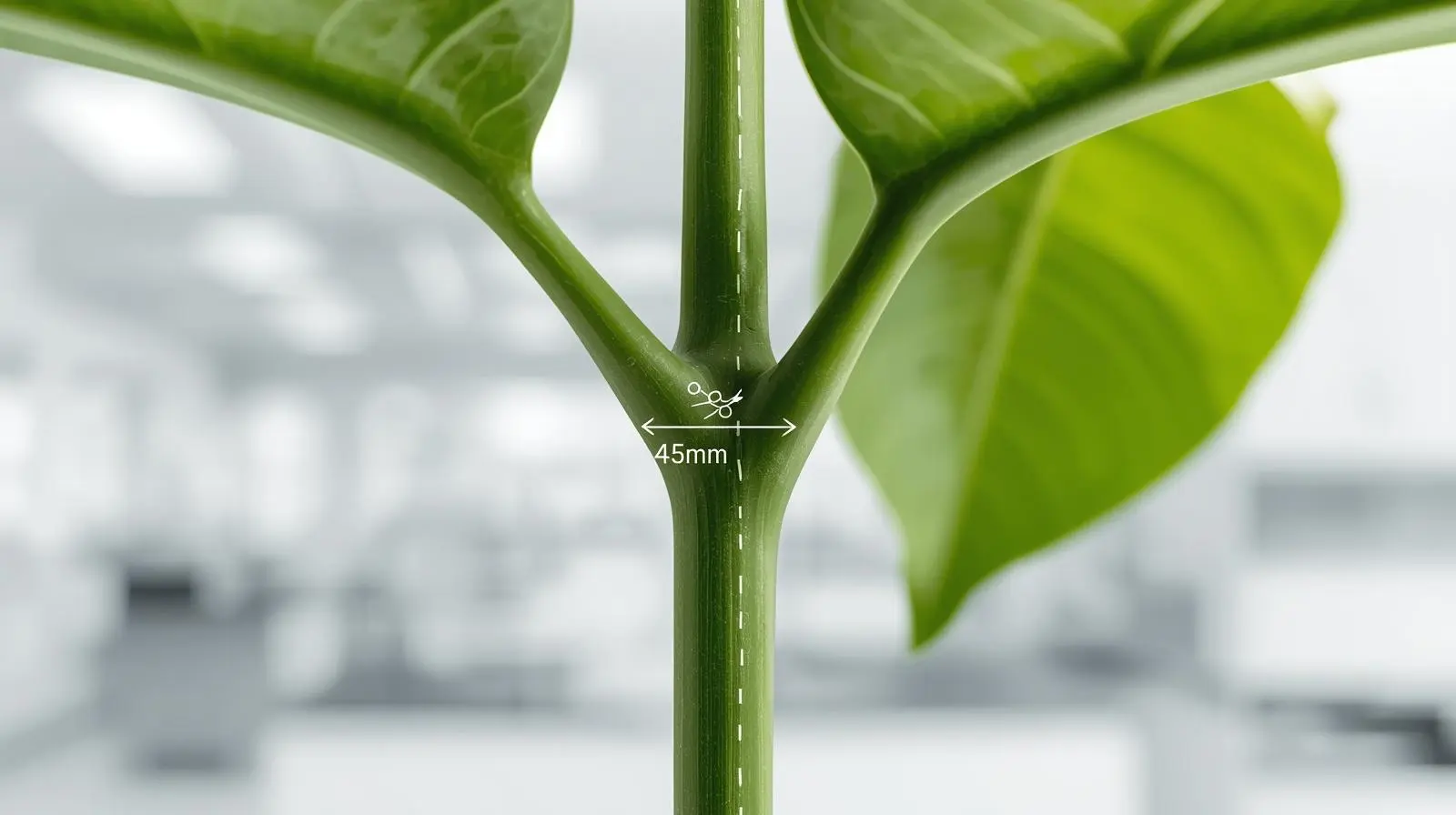 Diagram showing exactly where to make pruning cut on Pachira aquatica stem just above visible leaf node to force branching and bushier growth