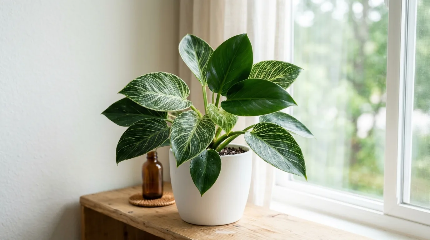 Philodendron Birkin with pinstriped leaves and reverted solid green leaves
