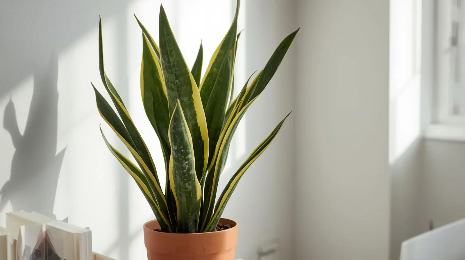 Healthy Dracaena trifasciata snake plant with upright variegated leaves in well-draining succulent substrate showing proper care without overwatering damage