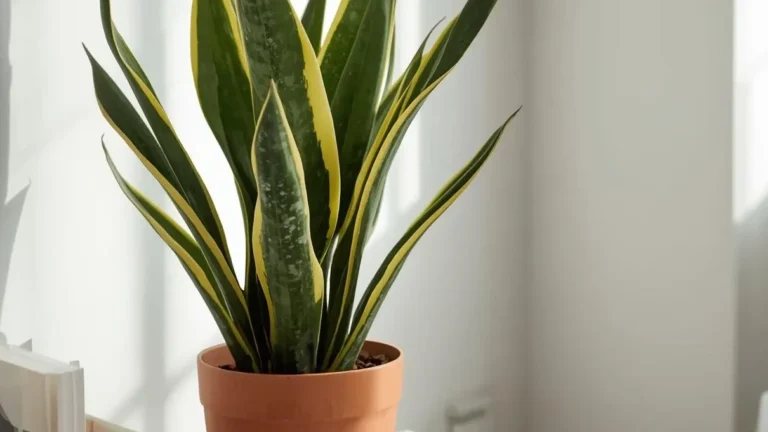 Upright snake plant in a terracotta pot, a low-light bathroom plant