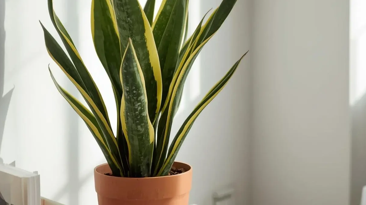 Snake plant care guide: upright variegated Dracaena trifasciata leaves in a terracotta pot in bright indirect light