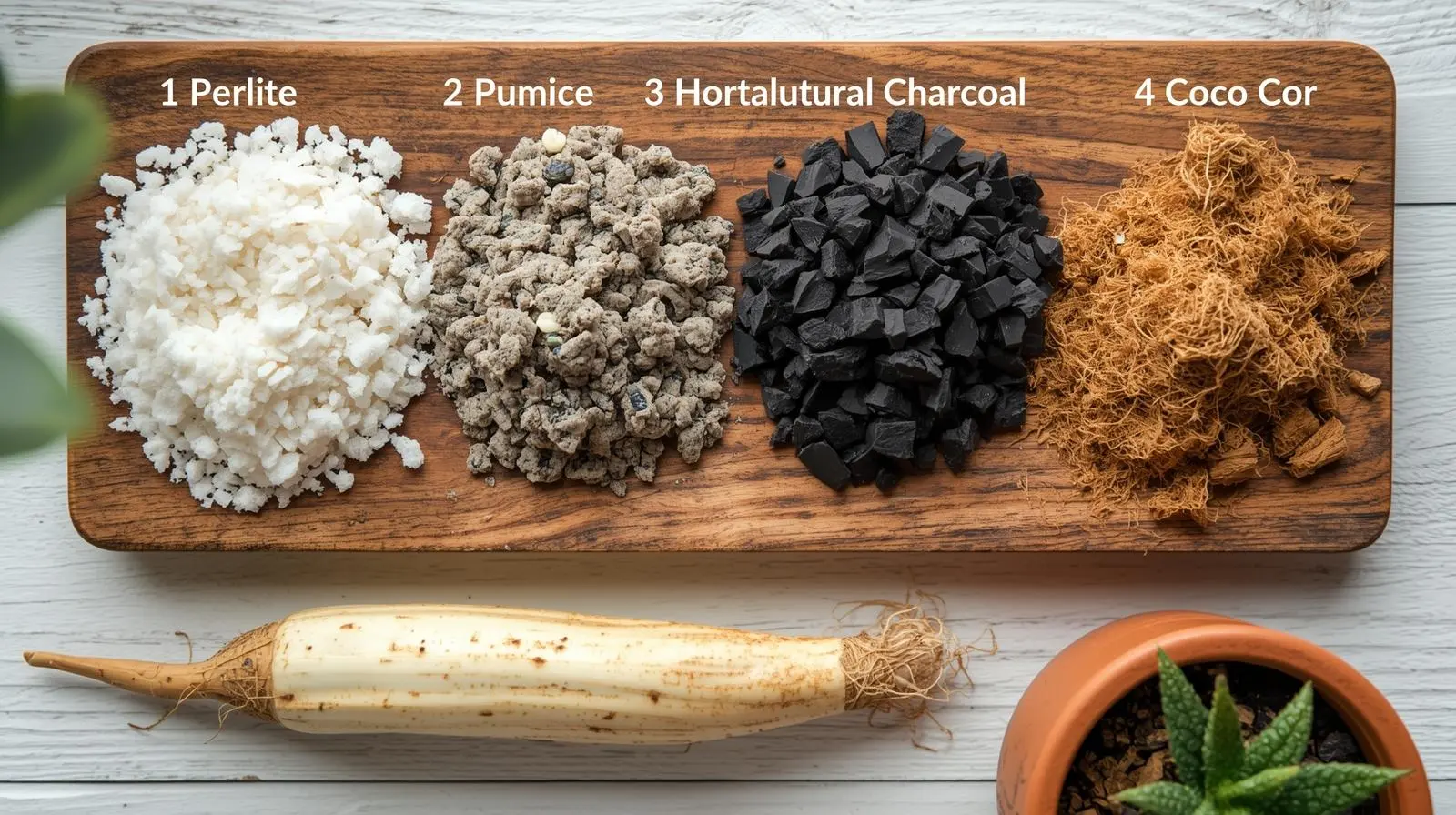 Close-up of chunky well-draining succulent soil mix containing pumice, horticultural charcoal, and perlite next to healthy snake plant rhizome