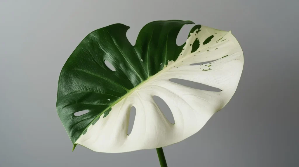 Healthy half-moon leaf of Variegated Monstera Deliciosa Albo Borsigiana with pristine white variegation and no signs of browning or necrosis