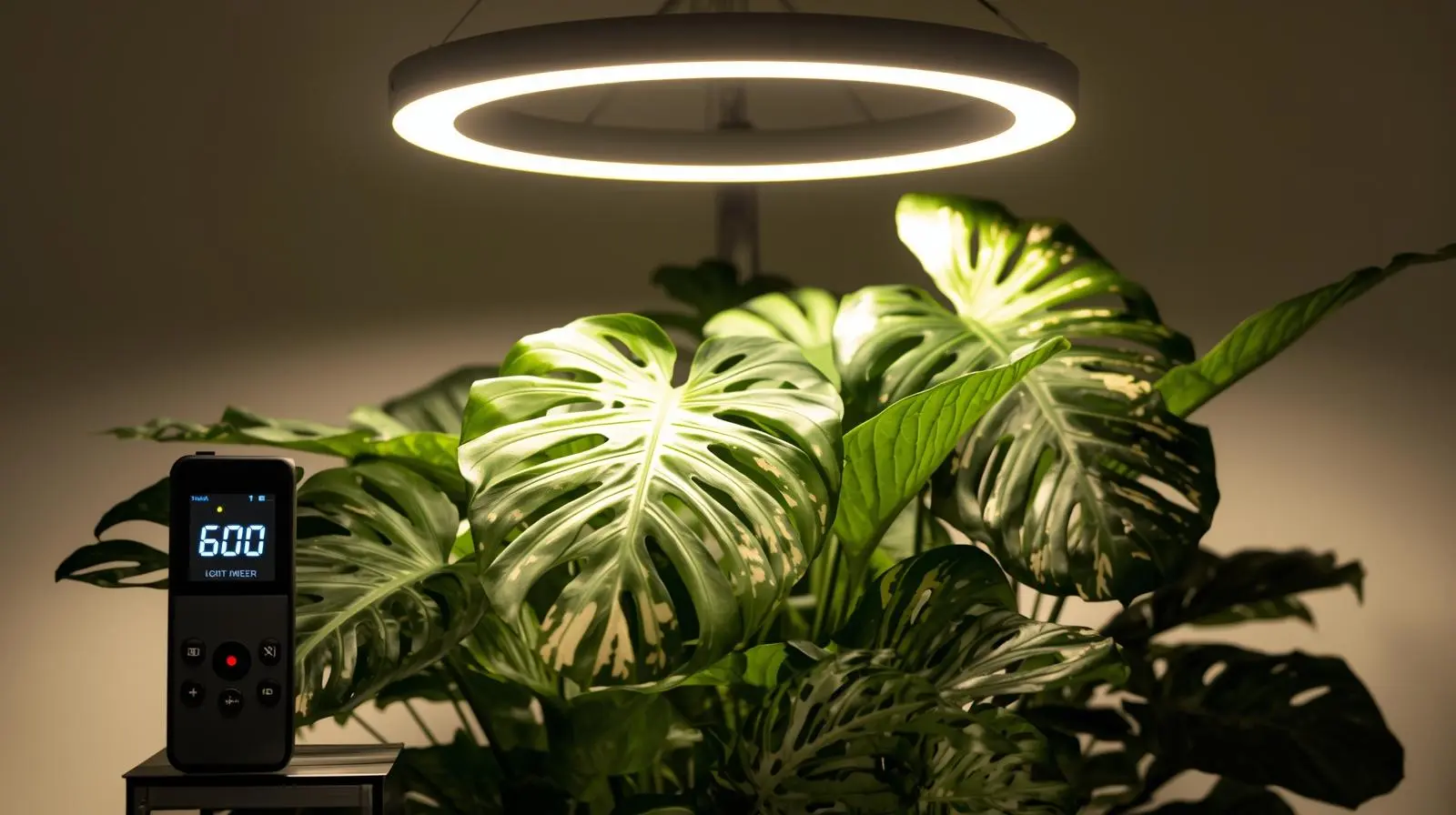 Variegated Monstera Deliciosa positioned under full-spectrum LED halo grow light with digital light meter showing 600 foot-candles measurement