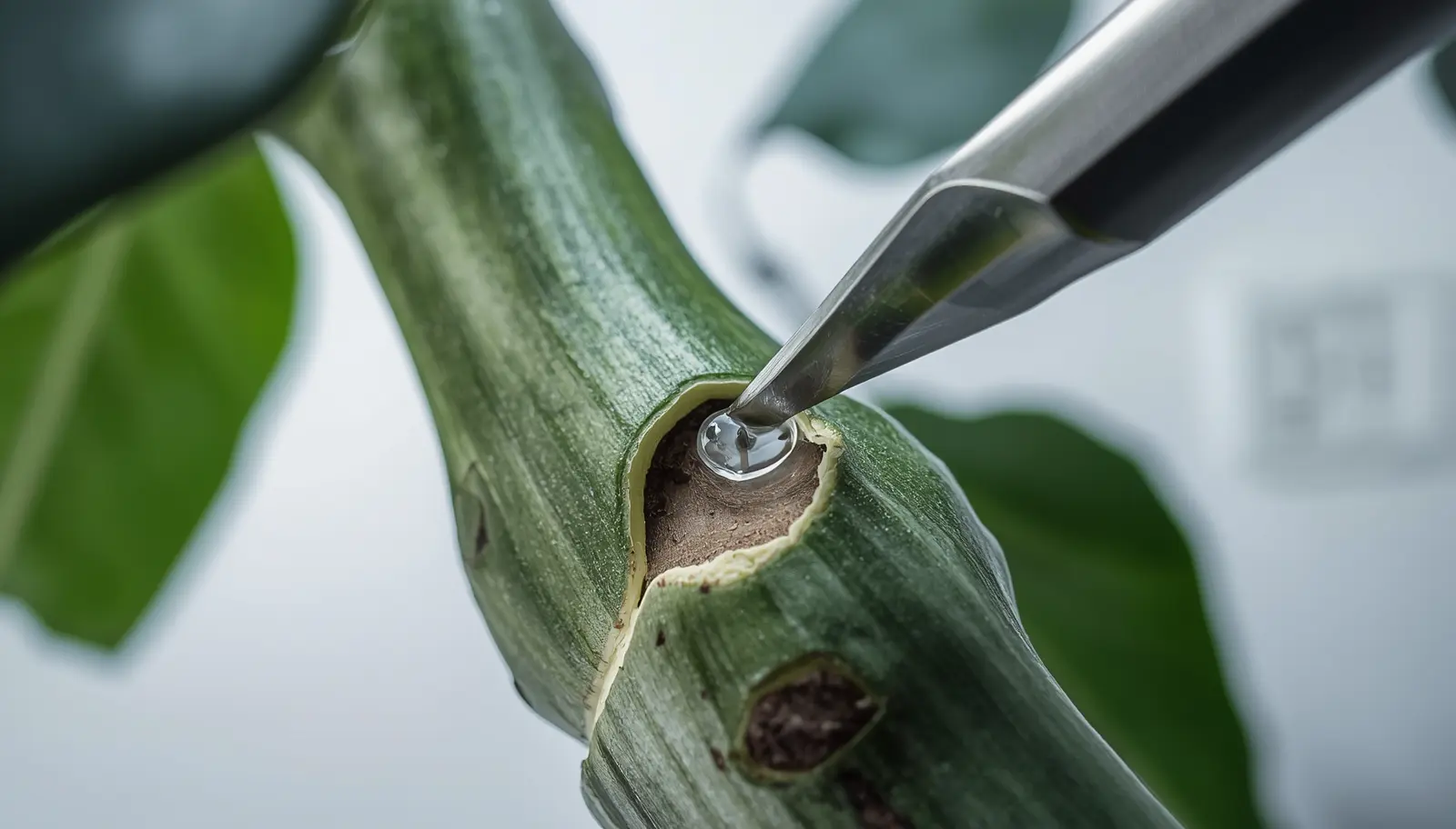 Surgical scalpel making a precise notch above a dormant node on a Fiddle Leaf Fig trunk