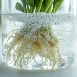 Close-up of plant roots submerged in hydrogen peroxide solution showing active effervescence bubbles as anaerobic pathogens are oxidized during root rot treatment and hydrogen peroxide root rot