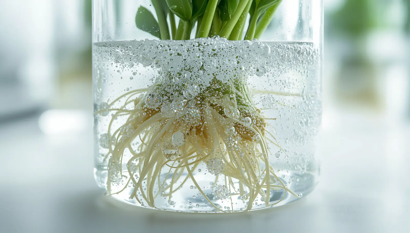 Close-up of plant roots submerged in hydrogen peroxide solution showing active effervescence bubbles as anaerobic pathogens are oxidized during root rot treatment and hydrogen peroxide root rot