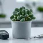 A high-definition botanical close-up comparing two wrinkled Jade plant leaves side-by-side on a white laboratory bench, next to a moisture meter and a surgical scalpel.