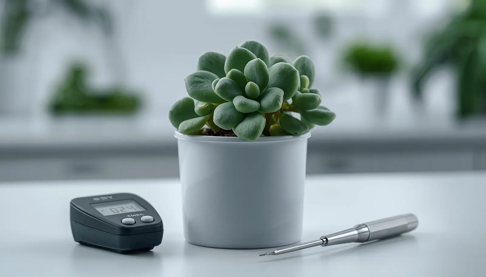 A high-definition botanical close-up comparing two wrinkled Jade plant leaves side-by-side on a white laboratory bench, next to a moisture meter and a surgical scalpel.