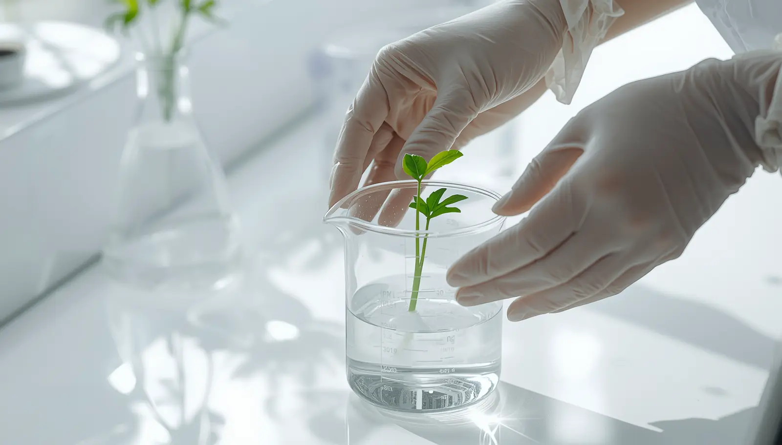 Laboratory setup showing tissue culture plant being removed from sterile flask with surgical tweezers next to humidity dome and substrate preparation materials