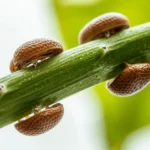 Close-up of Ficus stem showing armored scale insects as hard brown dome-shaped bumps with sticky honeydew droplets and developing sooty mold on leaves below