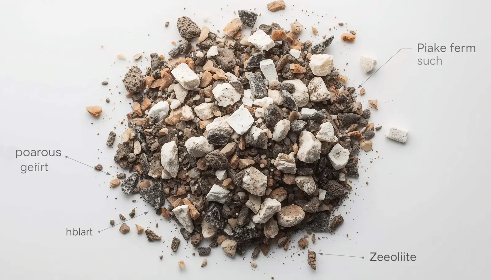Premium aroid soil mix components showing pumice, orchid bark, tree fern fiber, coco coir, and zeolite arranged separately before mixing, demonstrating chunk houseplant soil texture