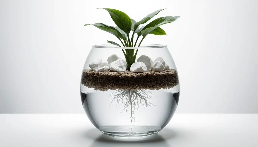 Comparison of pure fine Lechuza Pon causing root rot versus amended substrate with coarse perlite showing healthy white roots in semi-hydroponics system