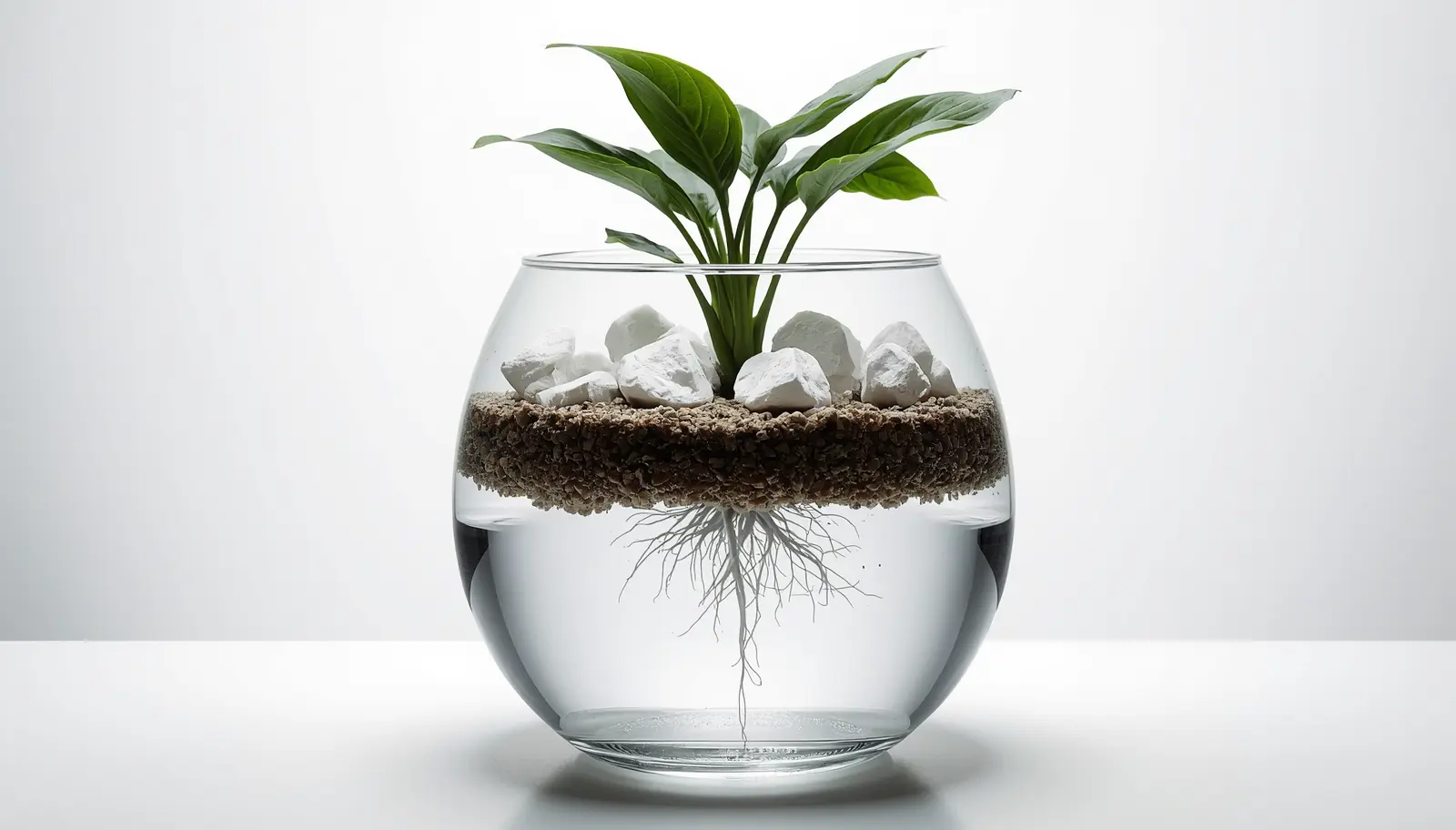 Comparison of pure fine Lechuza Pon causing root rot versus amended substrate with coarse perlite showing healthy white roots in semi-hydroponics system