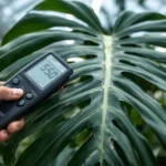 A digital PAR meter measuring Monstera light requirements PPFD, displaying a reading of 550 directly above a mature, heavily fenestrated leaf in a bright, modern greenhouse.