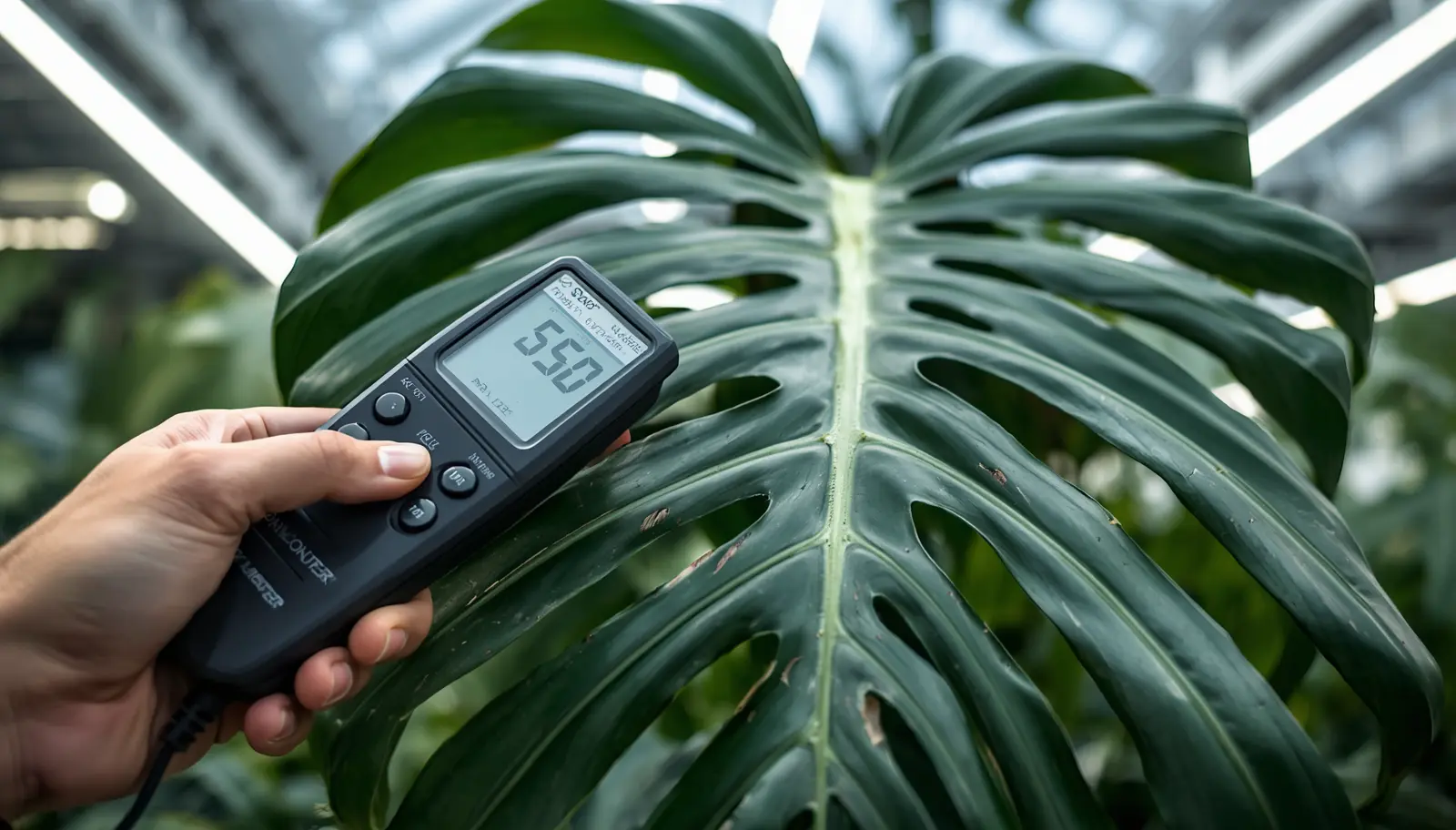 A digital PAR meter measuring Monstera light requirements PPFD, displaying a reading of 550 directly above a mature, heavily fenestrated leaf in a bright, modern greenhouse.