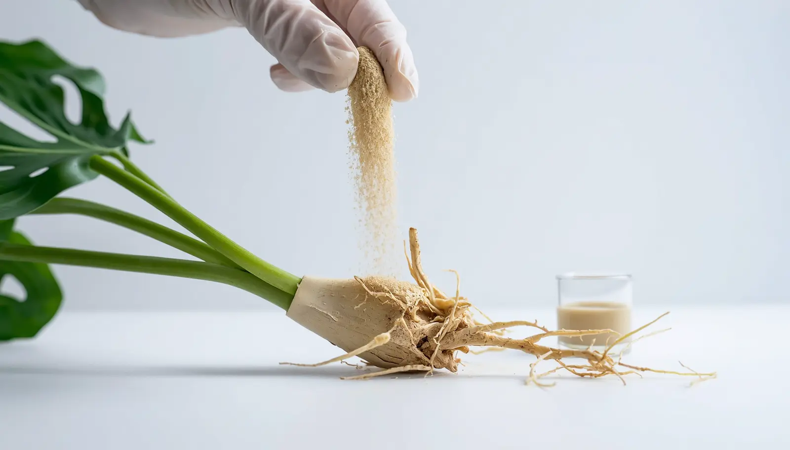 Monstera root ball being dusted with mycorrhizal inoculant powder showing beneficial fungi houseplant root treatment during transplant procedure