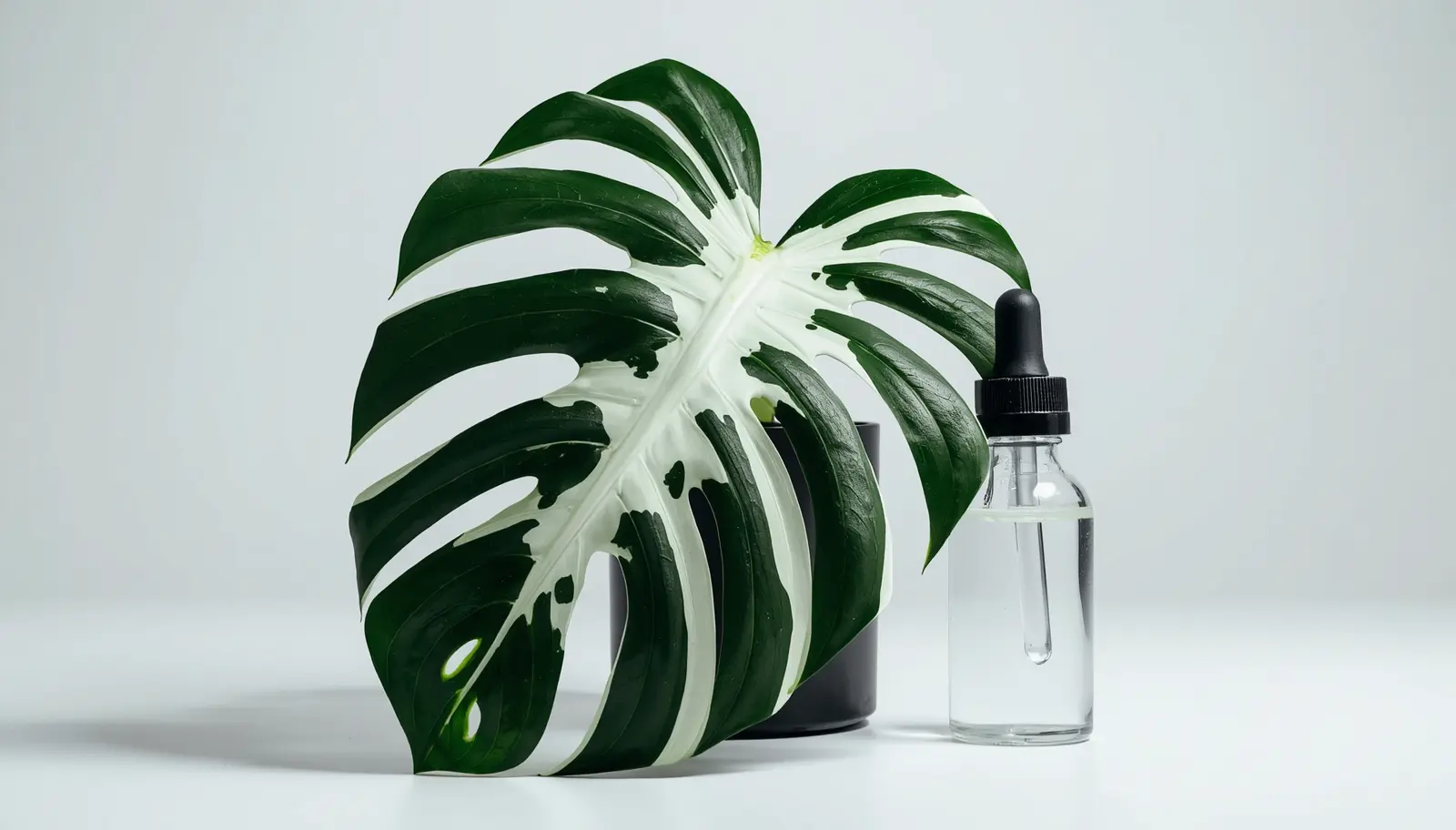 Monstera albo variegata showing thick rigid stems and pristine white variegation without browning from potassium silicate supplementation cell wall fortification