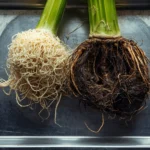 Monstera root system showing severe Pythium root rot with black mushy necrotic tissue compared to healthy white roots requiring emergency surgical debridement
