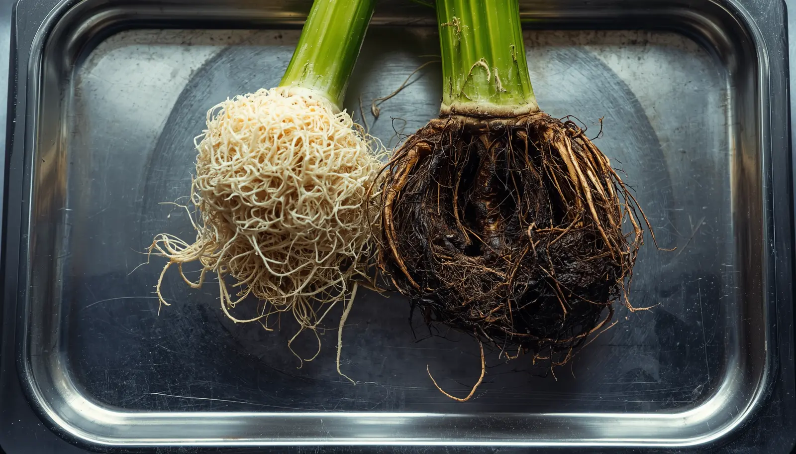 Monstera root system showing severe Pythium root rot with black mushy necrotic tissue compared to healthy white roots requiring emergency surgical debridement