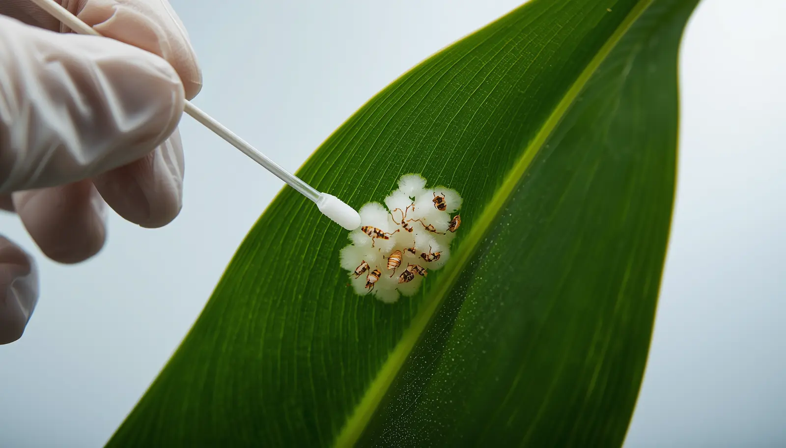 Close-up of white cottony mealybug masses on houseplant stem being treated with cotton swab dipped in isopropyl alcohol showing wax dissolution