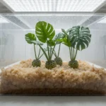 Sphagnum moss propagation box containing rare Aroid nodes and wet sticks in a controlled laboratory environment, demonstrating high-humidity cloning techniques and root-zone thermal regulation for rapid cellular division.