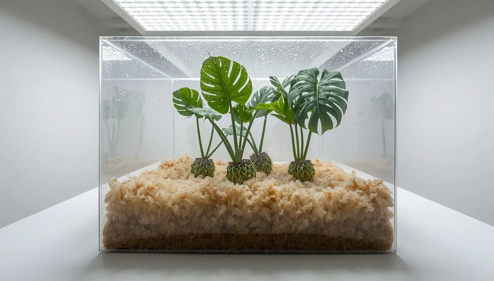 Sphagnum moss propagation box containing rare Aroid nodes and wet sticks in a controlled laboratory environment, demonstrating high-humidity cloning techniques and root-zone thermal regulation for rapid cellular division.