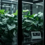 IKEA greenhouse cabinet with smart environmental controller showing VPD readings and automated humidifier system for Anthurium crystallinum cultivation